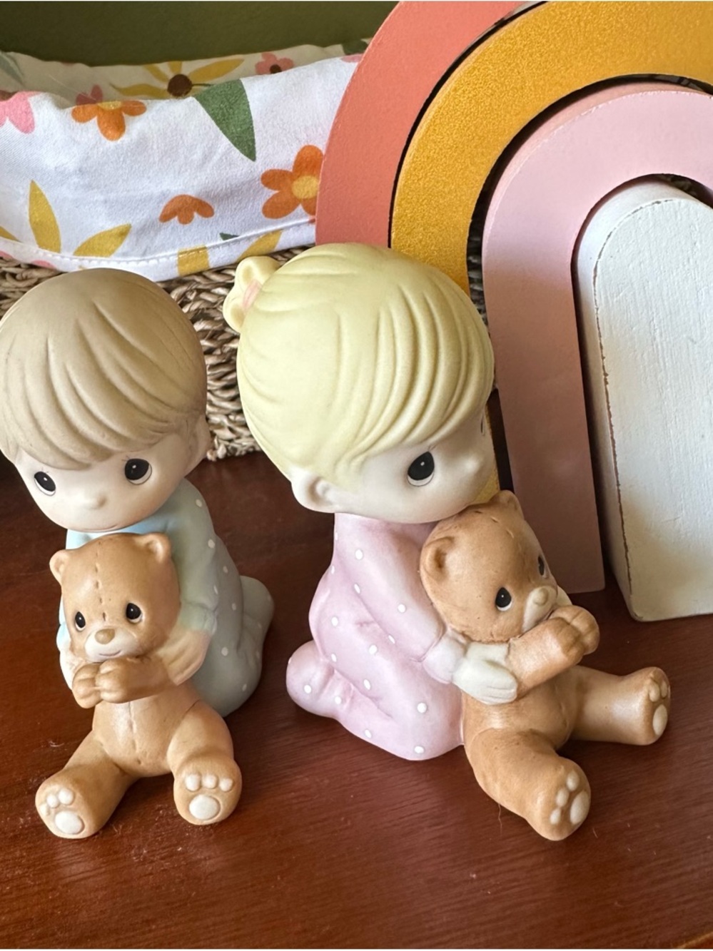 Precious Moments Pastel Girl and Boy Figurines with Brown Teddy Bears